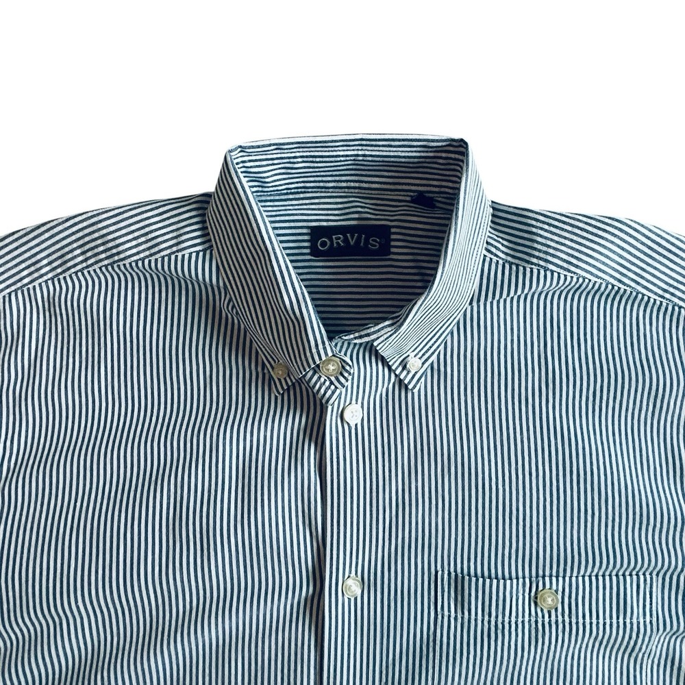 Orvis Mens Large Navy Blue White Stripe Cotton Short Sleeve Button Down Shirt